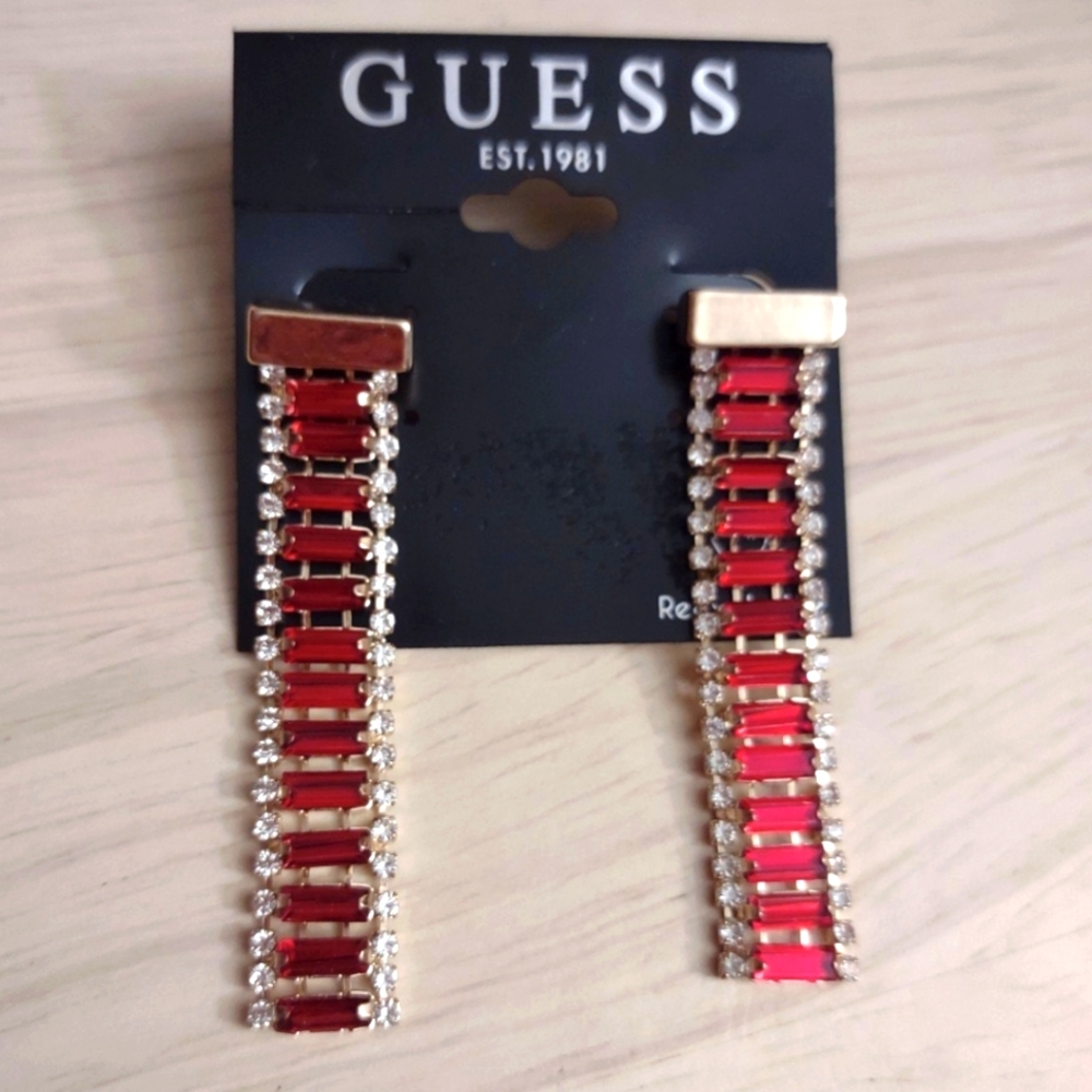 Guess Red Rhinestone Studs Cascading Earrings Gold